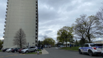 Two children and one adult were taken to hospital in critical condition after a fire broke out in a residential high-rise building on Donald Street Thursday morning. (Katie Griffin/ CTV News Ottawa)