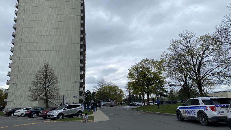 Two children and one adult were taken to hospital in critical condition after a fire broke out in a residential high-rise building on Donald Street Thursday, May 2, 2024. (CTV News Ottawa)