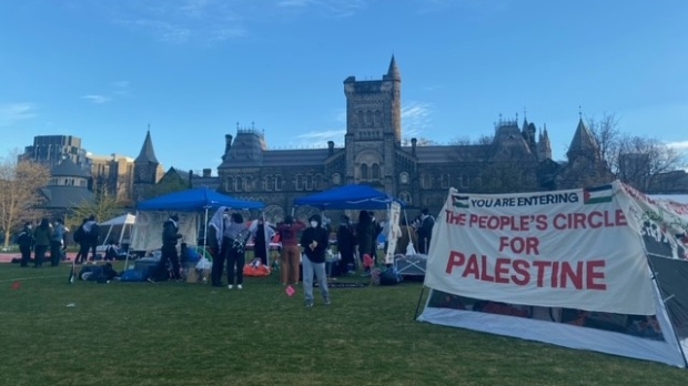 Pro-Palestinian protesters set up tents on the University of Toronto main campus Thursday May 2, 2024. (Courtney Heels /CP24)