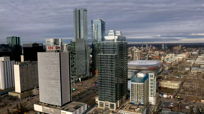 An aerial image of downtown Edmonton, including the CN Tower, Epcor Tower, and home of the Edmonton Oilers, Rogers Place, on May 2, 2024. (Cam Wiebe / CTV News Edmonton) 