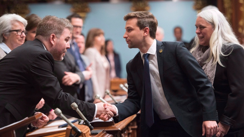 PQ MNA Pascale Berube accused QS leader Gabriel Nadeau-Dubois of compromising on his principles in order to win votes as the QS male spokesperson reacts to the shock resignation of his female counterpart Emilise Lessard-Therrien. (Jacques Boissinot, The Canadian Press)_