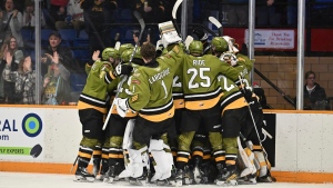North Bay Battalion celebrate first win of the eastern conference final against Oshawa Generals in Game 4, keeping their playoff dreams alive. May 1, 2024 (Ontario Hockey League)