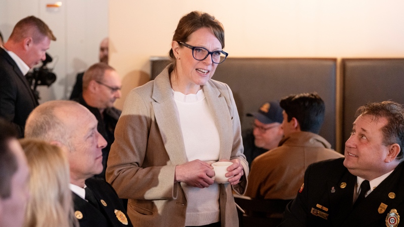 Mayor Amanda McDougall-Merrill of the Cape Breton Regional Municipality meets with first responders in Glace Bay, N.S., Thursday, Feb. 22, 2024. THE CANADIAN PRESS/Darren Calabrese