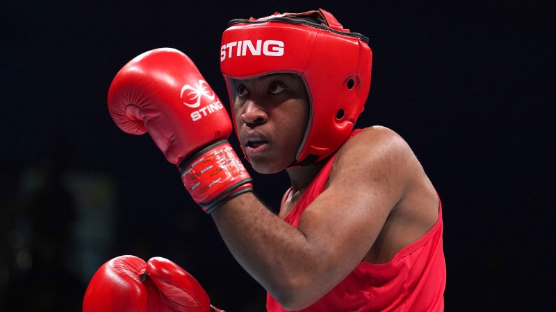 Boxer Cindy Ngamba of Cameroon trains in Sheffield, England on Jan. 18, 2024. (Martin Rickett / PA via AP)