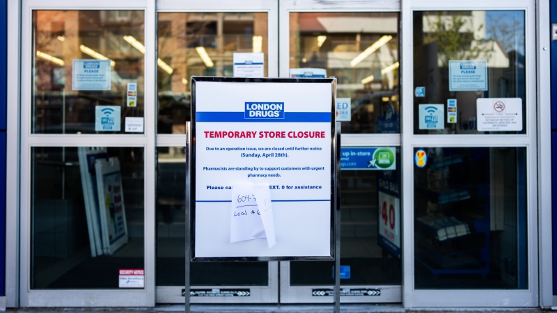 A store closure sign sits outside of the London Drugs Broadway and Vine location in Vancouver. on Monday, April. 29, 2024. London Drugs says it has temporarily closed all of its stores in Western Canada as it grapples with a "cybersecurity incident." THE CANADIAN PRESS/Ethan Cairns