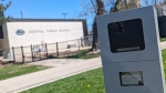 A photo radar camera in front of Central Public School in Guelph, Ont. on May 2, 2024. (Dan Lauckner/CTV Kitchener)