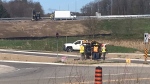 Constructions crews begin work on the Trussler Road interchange at Highway 7/8 on May 2, 2024. (Chris Thomson/CTV News)