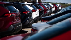 SUVs for sale are seen at an auto mall in Ottawa on April 26, 2021. (Justin Tang / The Canadian Press)