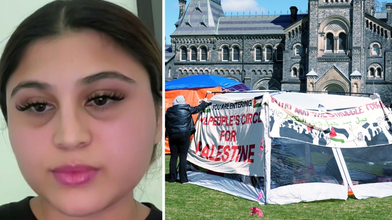 A protester attaches a banner to a tent at an encampment set up on the University of Toronto campus on Thursday, May 2, 2024. THE CANADIAN PRESS/Chris Young