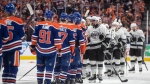 Los Angeles Kings and the Edmonton Oilers shake hands after the Oilers won the series four games to one during NHL playoff action in Edmonton on Wednesday May 1, 2024.THE CANADIAN PRESS/Jason Franson