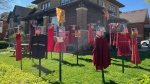 This display, at The Healing of the Seven Generations in downtown Kitchener honours missing and murdered Indigenous people. When staff arrived at work on Thursday morning, they noticed a T-shirt was missing from it. (Stefanie Davis/CTV Kitchener)