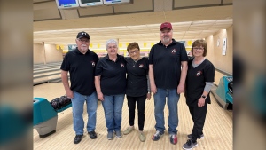 (From left:) Glen Beaupré, Shirley Beaupré, Mary Busch, Dudley Begg and Karen Warcimaga make up the Zingers bowling team with the Selkirk Seniors League. Busch who is set to turn 92 in early June, has been bowling since she was 37. Her best score this year was 231 out of 300. (Joseph Bernacki/CTV News Winnipeg)