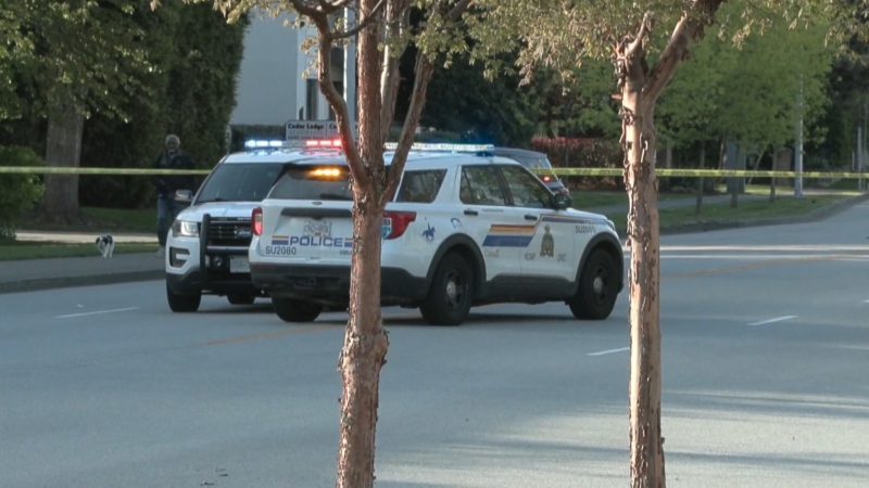 Police on the scene of a collision that seriously injured a pedestrian in Surrey on May 2, 2024. 