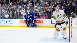 Toronto Maple Leafs players celebrate William Nylander's goal as Boston Bruins goaltender Jeremy Swayman looks on during second period action in Game 6 of an NHL hockey Stanley Cup first-round playoff series in Toronto on Thursday, May 2, 2024. THE CANADIAN PRESS/Nathan Denette
