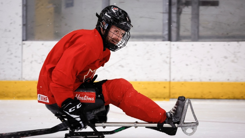 Team Canada forward Tyler McGregor, of Forest, Ont., controls the puck during a practice ahead of the World Para Ice Hockey Championship in Calgary, Tuesday, April 30, 2024. (Jeff McIntosh/The Canadian Press)
