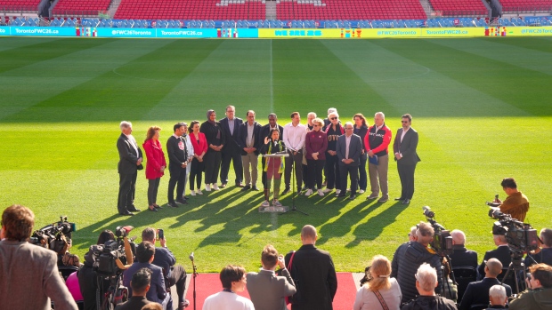 Toronto Mayor delivers remarks during an announcement at Toronto's BMO Field on Friday, May 3, 2024, which revealed $104 million in federal funding for Toronto to host six games during the 2026 FIFA World Cup. THE CANADIAN PRESS/Chris Young 