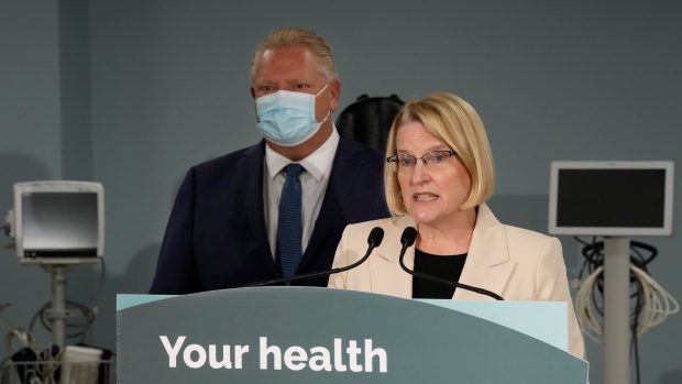 Ontario Health Minister Sylvia Jones makes an announcement on healthcare with Premier Doug Ford, in Toronto, Monday, Jan. 16, 2023. (Frank Gunn / The Canadian Press)  