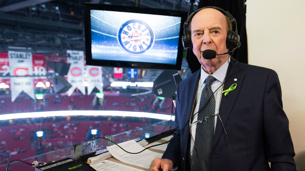 Bob Cole poses prior to calling his last NHL hockey game in Montreal, Saturday, April 6, 2019. THE CANADIAN PRESS/Graham Hughes
