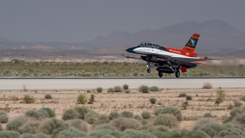 The X-62A VISTA aircraft, an experimental AI-enabled U.S. Air Force F-16 fighter jet, takes off on Thursday, May 2, 2024, at Edwards Air Force Base, Calif. (AP Photo/Damian Dovarganes) 