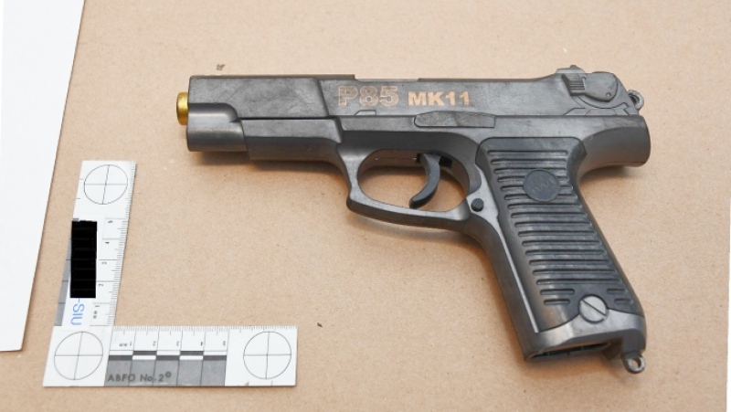 Ontario Provincial Police saw a man leaving the residence carrying what appeared to be a handgun (pictured) that later turned out to be a toy. (Supplied)