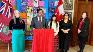 Crown-Indigenous Relations Minister Gary Anandasangaree (centre) announces a Red Dress Alert pilot project in Winnipeg on May 3, 2024. (Scott Andersson/CTV News Winnipeg)