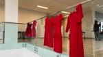 Red dresses hang in the University of Waterloo Faculty of Health to honour Missing and Murdered Indigenous Women, Girls, and Two-Spirit people. May 3, 2024. (Stefanie Davis/CTV News)