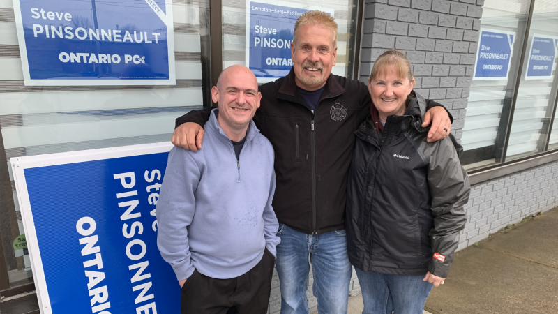 Lambton Kent Middlesex MPP Elect Steven Pinsonneault (centre) is pictured outside his Dresden campaign office on May 3, 2024, with his campaign manager Peter Turkington (right) and his girlfriend Jodie Hogg (left). (Bryan Bicknell/CTV News London) 
