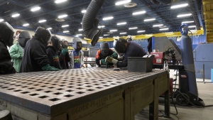 Eardley Elementary School students learn how to weld at the Western Quebec Career Centre on Friday, May 3, 2024 (Katelyn Wilson/CTV News).
