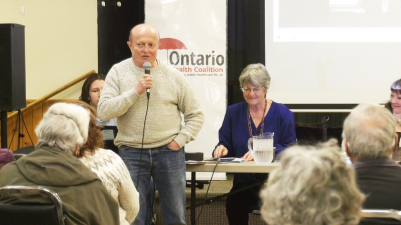 The de-rostering of thousands of patients at the Group Health Centre in Sault Ste. Marie was the centre of attention at a town hall Friday organized by the Algoma chapter of the Ontario Health Coalition. (Mike McDonald/CTV News)