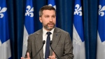 Quebec Solidaire co-speaker Gabriel Nadeau-Dubois speaks at a press conference, Tuesday, February 13, 2024 at the legislature in Quebec City. THE CANADIAN PRESS/Karoline Boucher