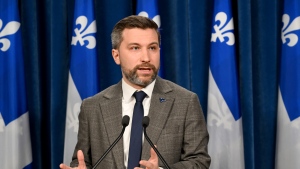 Quebec Solidaire co-speaker Gabriel Nadeau-Dubois speaks at a press conference, Tuesday, February 13, 2024 at the legislature in Quebec City. THE CANADIAN PRESS/Karoline Boucher