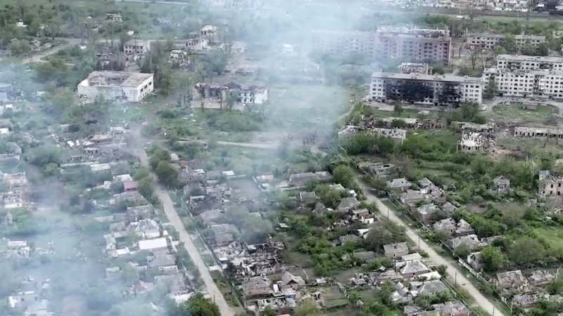 This drone footage obtained by The Associated Press shows the village of Ocheretyne, a target for Russian forces in the Donetsk region of eastern Ukraine. (Kherson/Green via AP)
