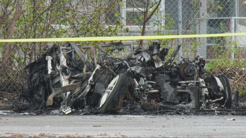 Longueuil police (SPAL) are investigating after a car exploded near a train station in St. Lambert. Police say the car was stolen and are checking to see if it is connected to other incidents. (Dave Touniou, CTV News)