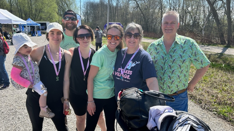 A group of people take part in Charlee's Run in Orillia, Ont on May 2, 2024 (CTV News/Steve Mann).