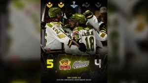 The North Bay Battalion won Game 5 of the Eastern Conference Championship Series 5-4 over the Oshawa Generals in double overtime on May 3, 2024. (Supplied/North Bay Battalion)