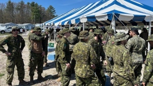 Canadian armed forces members prepare for training in Wasaga Beach, Ont on May 4, 2024 (CTV News/Mike Lang).