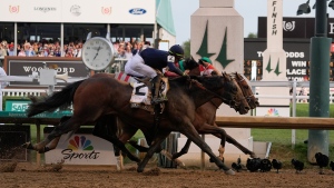 Mystik Dan with a photo-finish victory in the 150th running of the Kentucky Derby on Saturday, May 4, 2024. (AP Photo/Kiichiro Sato)