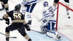 Boston Bruins' Justin Brazeau (55) watches as the shot by Hampus Lindholm goes into the net behind Toronto Maple Leafs' Ilya Samsonov (35) during the third period of Game 7 of an NHL hockey Stanley Cup first-round playoff series, Saturday, May 4, 2024, in Boston. (AP Photo/Michael Dwyer)