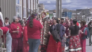 About 80 people walked to the North Bay waterfront from the local Indigenous friendship centre to mark Red Dress Day. May 5, 2023. (File photo/CTV News Northern Ontario)