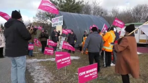 Locked out workers from CUPE Local 1490 in Matheson were joined by demonstrators from North Bay and Temiskaming Shores on Nov. 17 in a rally of support for unions across the province that are following the labour dispute closely. (Lydia Chubak/CTV News Northern Ontario)