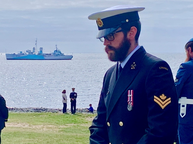 A soldier at the 79th anniversary of the Battle of the Atlantic ceremony at Point Pleasant Park in Halifax on Sunday. (Mike Lamb/CTV News)
