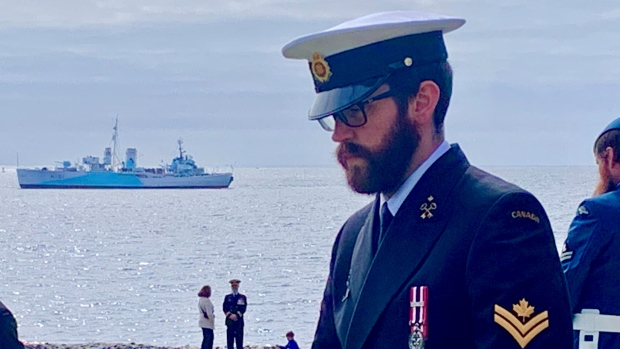 A soldier at the 79th anniversary of the Battle of the Atlantic ceremony at Point Pleasant Park in Halifax on May 5, 2024. (Mike Lamb/CTV Atlantic)