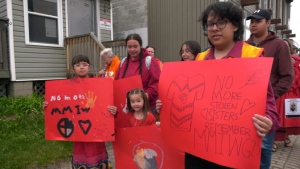 In honour of Red Dress Day the North Bay Indigenous Friendship Centre held its second annual march from their offices on Cassells Street to the waterfront. May 5. 2024. (Eric Taschner/CTV News Northern Ontario)