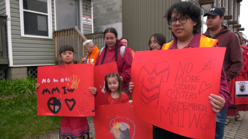 In honour of Red Dress Day the North Bay Indigenous Friendship Centre held its second annual march from their offices on Cassells Street to the waterfront. May 5. 2024. (Eric Taschner/CTV News Northern Ontario)