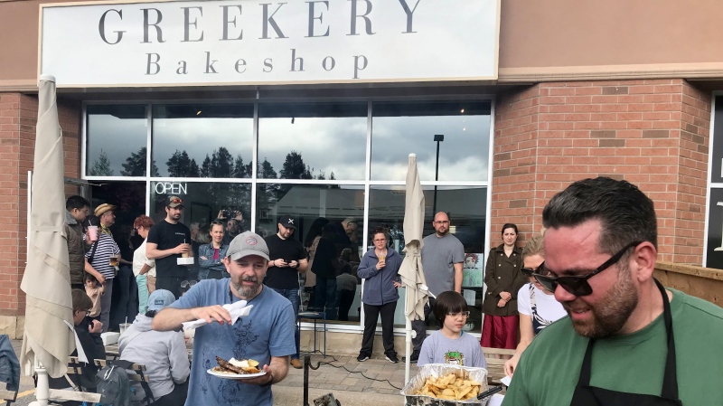 Customers enjoy Greek food at the Greekery bakeshop in Angus, Ont on May 5, 2024 (CTV News/ Dave Sullivan).