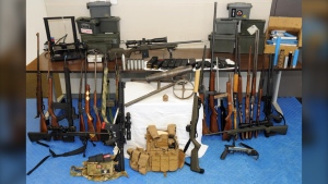 Police have charged a 22-year-old man after dozens of weapons and thousands of rounds of ammunition were found in a home in Winkler, Man., on April 29, 2024. (Source: Winkler Police Service)
