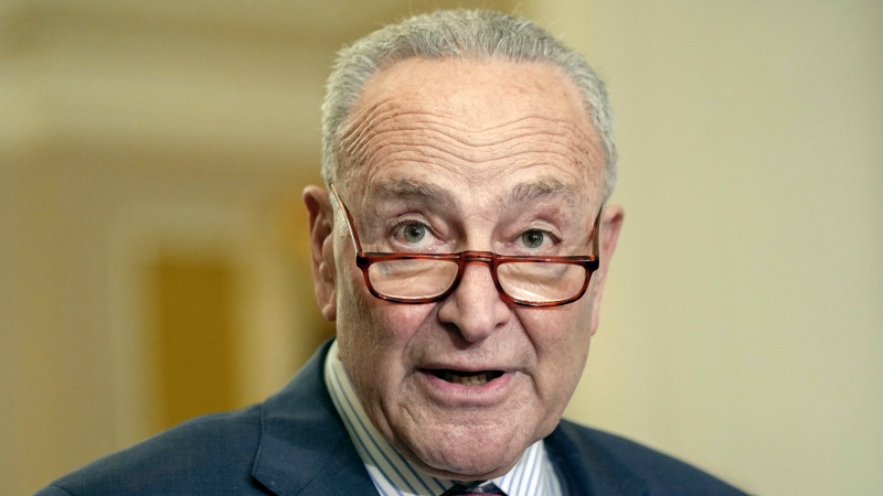 FILE - Sen. Majority Leader Chuck Schumer, D-N.Y., talks after a policy luncheon on Capitol Hill Wednesday, May 1, 2024, in Washington. (AP Photo/Mariam Zuhaib, File)