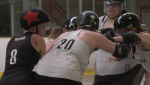 Members of Tri-City Roller Derby's Thunder team practice in Waterloo preparation for the North America Northeast playoffs. May 5, 2024. (Shelby Knox/CTV News)