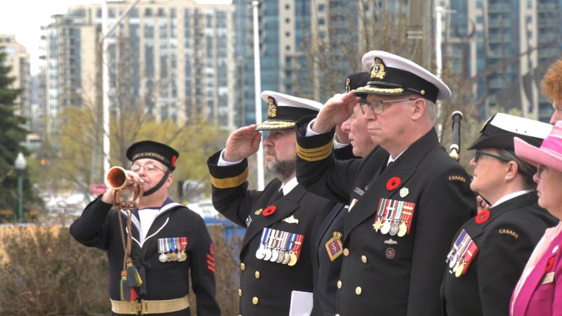 Military personnel saluting during the rendition of ‘The Last Post’ at the Battle of the Atlantic commemoration ceremony in Barrie, Ont on May 5, 2024 (CTV News/ Mike Lang).