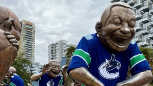 This photo shows a piece if public art in Vancouver that got a Canucks-themed makeover. 